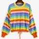 Drawstring Hem Lantern Sleeve Rainbow Stripes Sweater