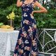 Floral Print Sleeveless Square Neck Slit Midi Dress